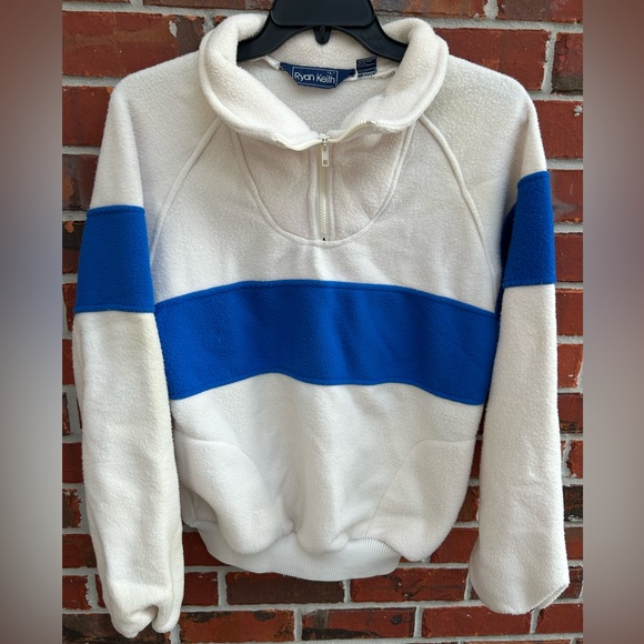 Vintage Ryan Keith 1980’s 1/4 Zip Blue/White Long Sleeve Large Fleece Pullover - Picture 1 of 4